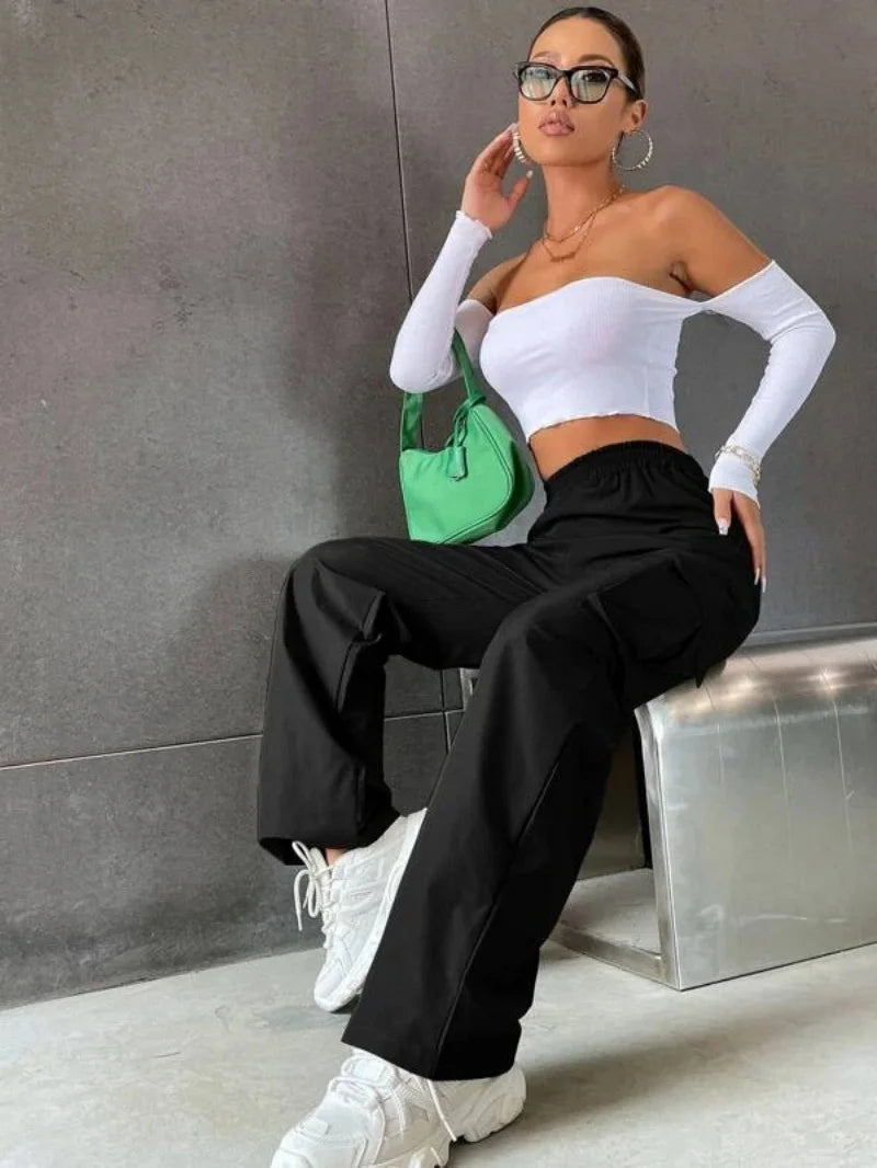 Calça Jogger Feminina Casual Elegante Cintura Alta Oversized Cargo
