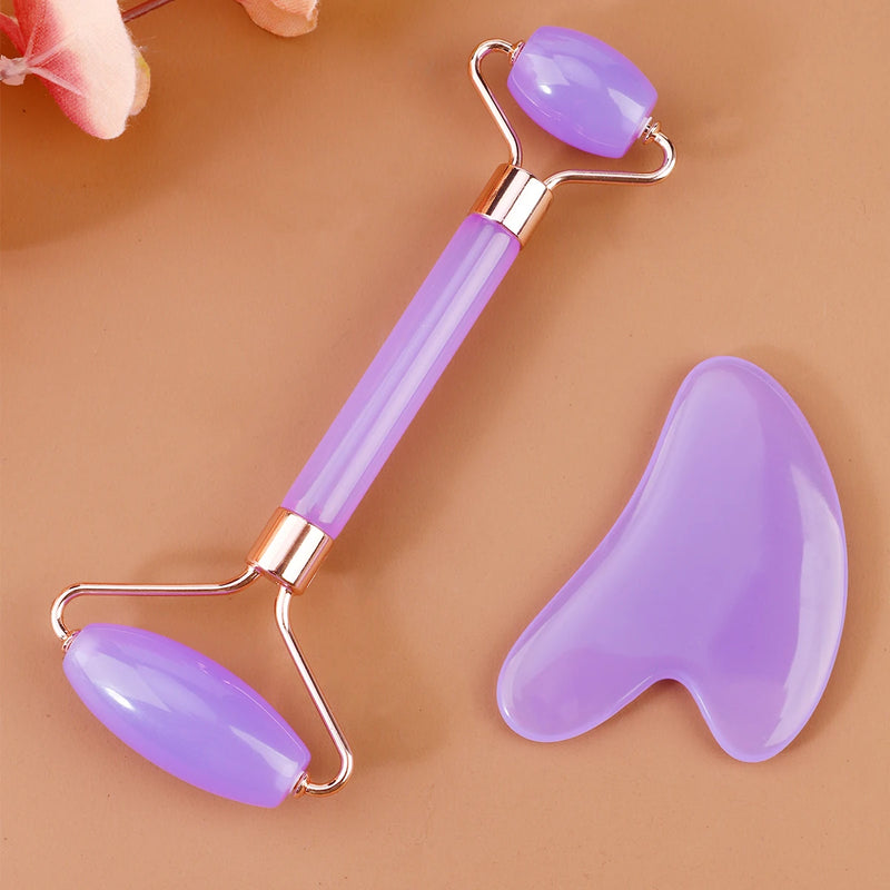Kit 2 Peças - Rolo Massageador Gua Sha Dupla Face de Pedra Natural