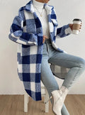 Casaco de Pelo Longo Xadrez com Gola Virada e Mangas Longas, Estilo Casual e Elegante