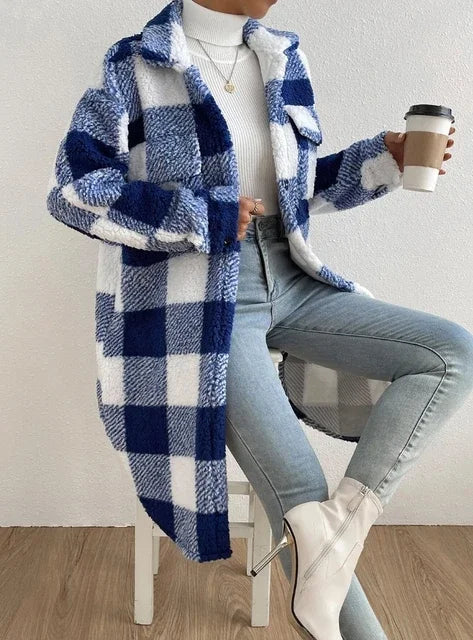Casaco de Pelo Longo Xadrez com Gola Virada e Mangas Longas, Estilo Casual e Elegante