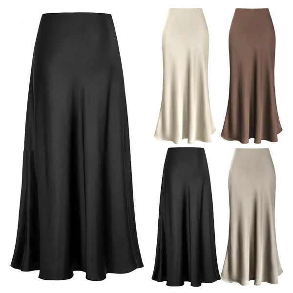 Saia Longa Fishtail Elegante em Cetim - Cintura Alta, A-line, Estilo Executivo, Cor Sólida, Acabamento Brilhante