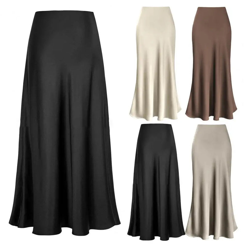 Saia Longa Fishtail Elegante em Cetim - Cintura Alta, A-line, Estilo Executivo, Cor Sólida, Acabamento Brilhante
