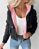 Jaqueta Feminina Streetwear Outono/Inverno com Capuz, Zíper e Manga Longa