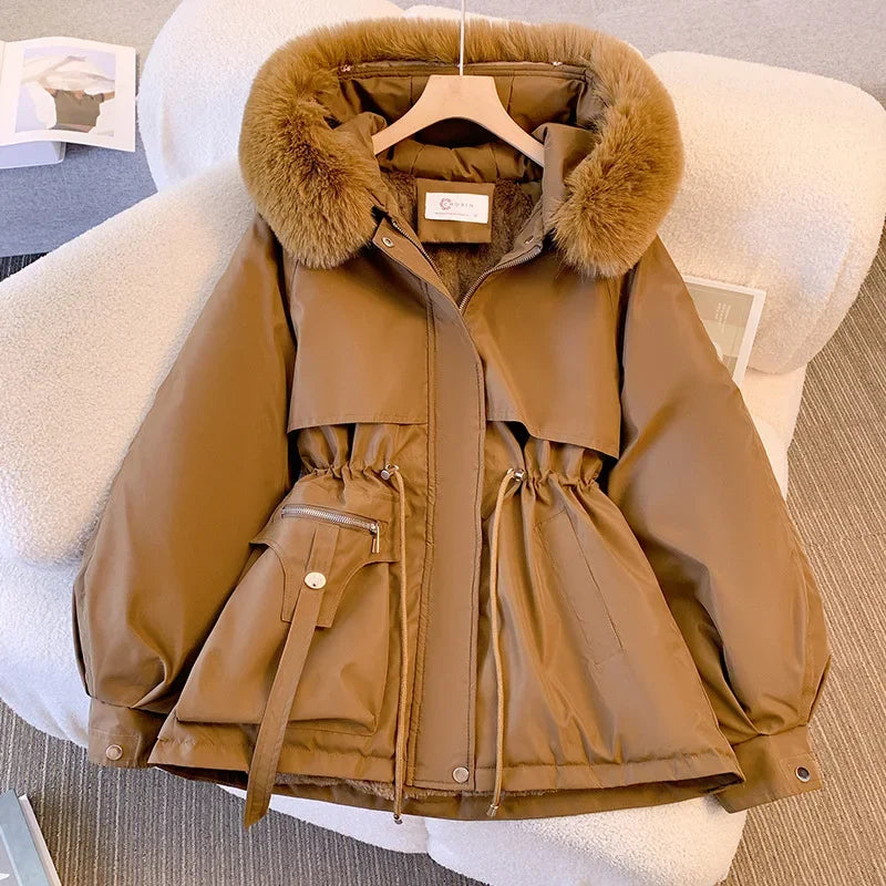 Jaqueta Feminina de Inverno Quente com Capuz de Pelo, Forro Fleece e Zíper Ajustável