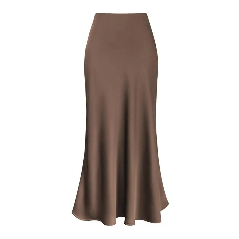Saia Longa Fishtail Elegante em Cetim - Cintura Alta, A-line, Estilo Executivo, Cor Sólida, Acabamento Brilhante