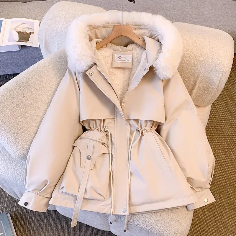 Jaqueta Feminina de Inverno Quente com Capuz de Pelo, Forro Fleece e Zíper Ajustável