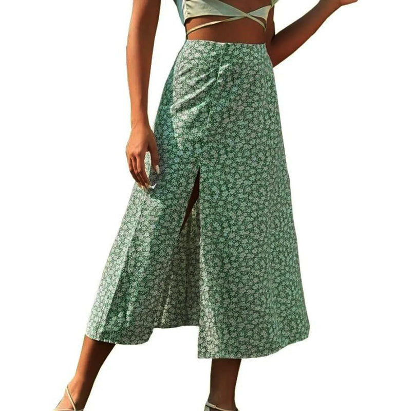 Saia Vintage Floral – Cintura Alta, Fenda e Caimento Elegante