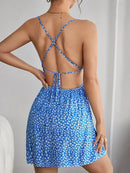 Vestido Feminino Sexy Floral, Decote Aberto, Curto, Moda Praia e Verão