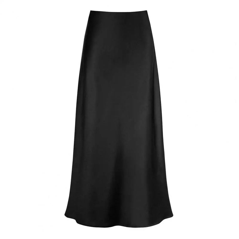 Saia Longa Fishtail Elegante em Cetim - Cintura Alta, A-line, Estilo Executivo, Cor Sólida, Acabamento Brilhante