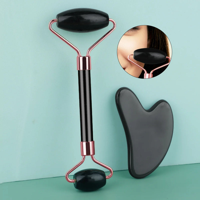 Kit 2 Peças - Rolo Massageador Gua Sha Dupla Face de Pedra Natural