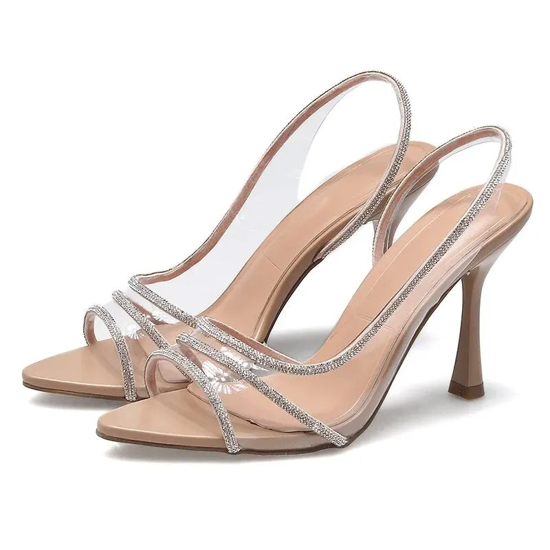 Sandálias Sexy com Salto Transparente e Brilho — Pura Elegância