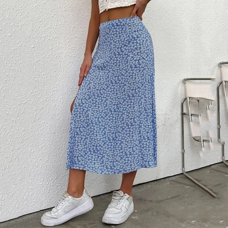 Saia Vintage Floral – Cintura Alta, Fenda e Caimento Elegante