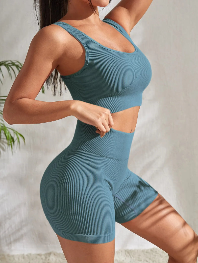 Conjunto de Yoga Sem Costura para Mulheres: Top Cropped e Shorts de Cintura Alta para Atividades Físicas