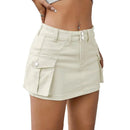 Mini Saia Casual Jeans Feminina Cintura Baixa com Bolsos e Botões