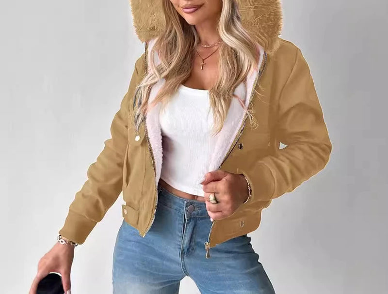 Jaqueta Feminina Streetwear Outono/Inverno com Capuz, Zíper e Manga Longa