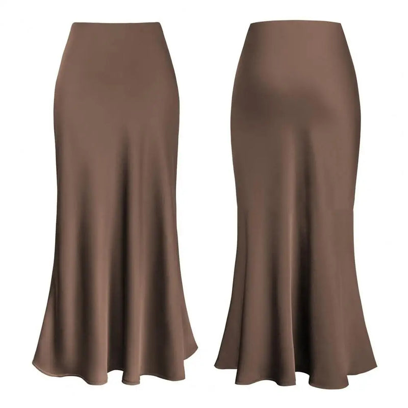Saia Longa Fishtail Elegante em Cetim - Cintura Alta, A-line, Estilo Executivo, Cor Sólida, Acabamento Brilhante