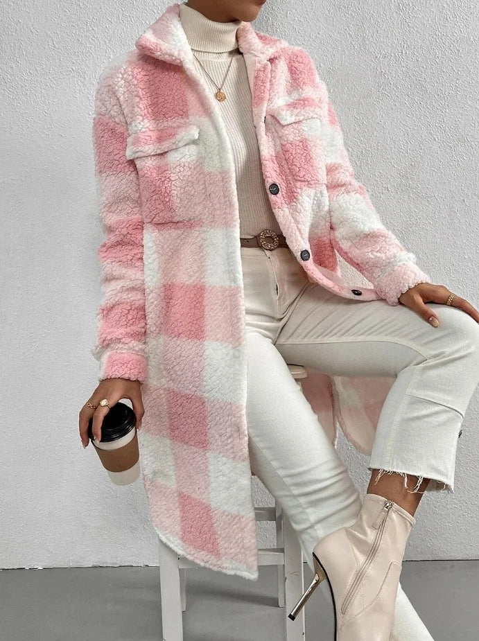 Casaco de Pelo Longo Xadrez com Gola Virada e Mangas Longas, Estilo Casual e Elegante