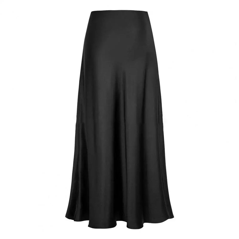 Saia Longa Fishtail Elegante em Cetim - Cintura Alta, A-line, Estilo Executivo, Cor Sólida, Acabamento Brilhante