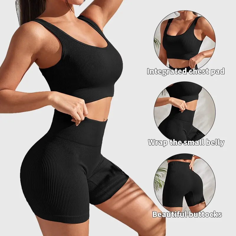 Conjunto de Yoga Sem Costura para Mulheres: Top Cropped e Shorts de Cintura Alta para Atividades Físicas